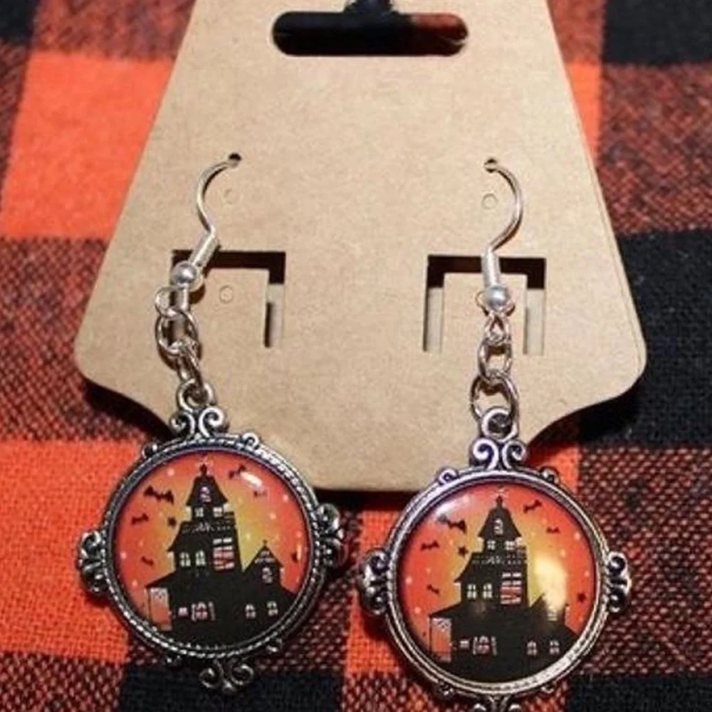 Handmade Black & Orange Haunted House Sign Halloween Dangly Drop Earrings - Picture 2 of 2
